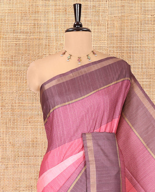 Pink Katan Silk Saree, Adorned with 3d-Style Print and Dotted-Style on Its Body, Complemented by Contrast Border, Pallu Steeped with Buttas, and Paired with a Contrast Blouse