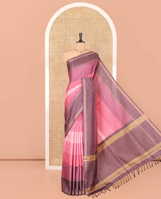 Pink Katan Silk Saree, Adorned with 3d-Style Print and Dotted-Style on Its Body, Complemented by Contrast Border, Pallu Steeped with Buttas, and Paired with a Contrast Blouse