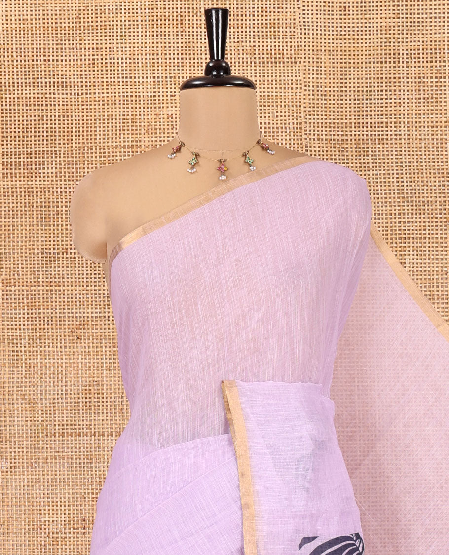 Lavender Linen Cotton Saree, Accentuated with Zebra Motifs Print, A Subtle Piping Border, Zebra Printed Pallu, and Comes with a Contrast Blouse