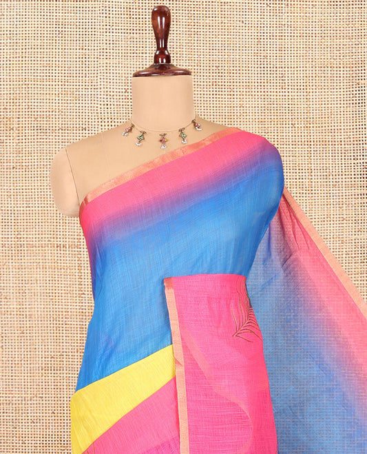 Borderless Multi-Color Linen-Cotton Saree Features Peacock Feather Print and a Contrast Blouse