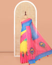 Borderless Multi-Color Linen-Cotton Saree Features Peacock Feather Print and a Contrast Blouse
