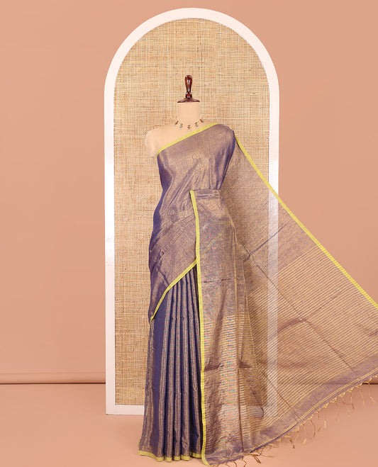 Borderless Navy Blue Plain Khadi Tissue Saree, a Self-Striped Pallu, and a Matching Blouse