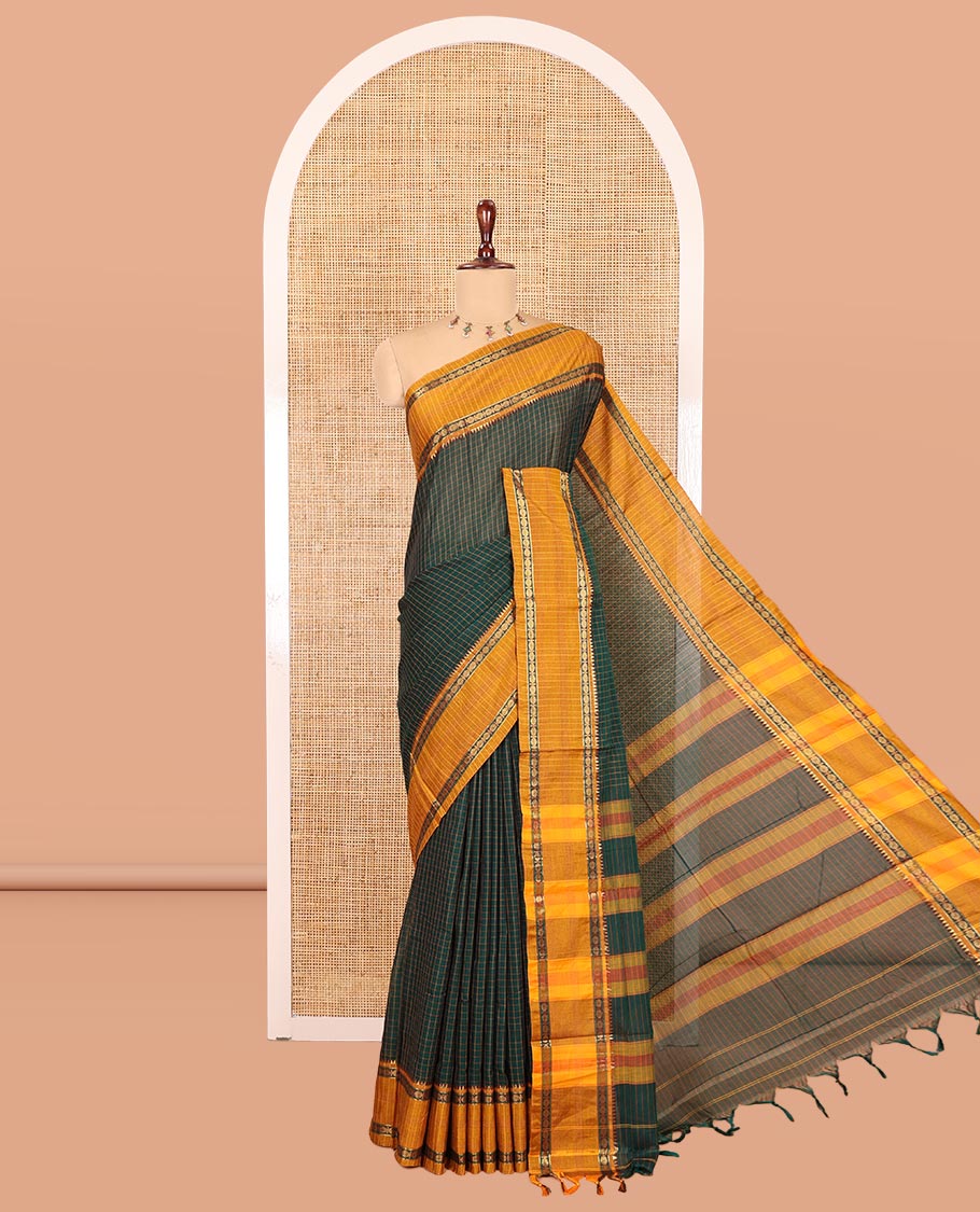 Green Checked Mercerised Cotton Saree, Contrast Rettai Pettu Rudraksham-Temple Border, a Self-Pallu and a Matching Blouse