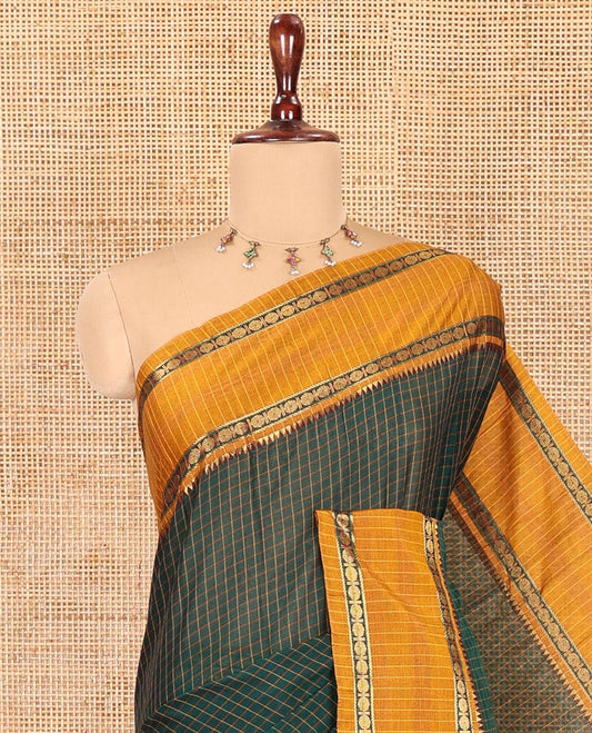 Green Checked Mercerised Cotton Saree, Contrast Rettai Pettu Rudraksham-Temple Border, a Self-Pallu and a Matching Blouse