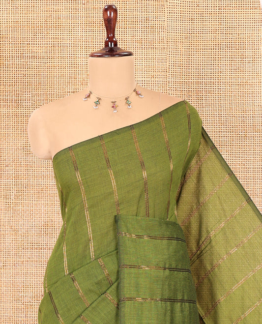 Borderless Olive Green Khadi Cotton Saree Features Double Stripes, a Self-Pallu of Tassels, and a Matching Blouse