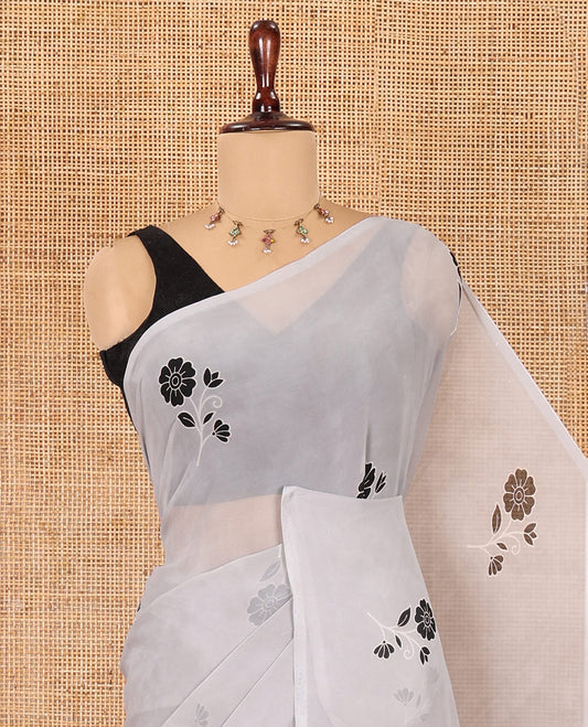 Borderless Grey-Black Georgette Saree, Adorned with Floral Motifs, Contrast Floral Printed Mirrorwork Pallu, and a Contrast Designer Blouse