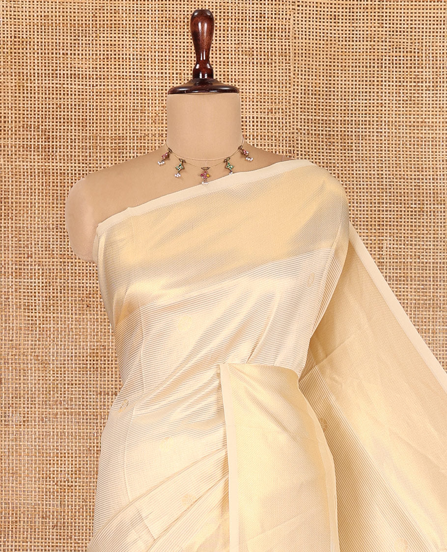 Gold Elite Soft Silk Saree, Gleamed Up with Zari Buttas and Stripes, Highlighted by a Zari Border, Zari-Striped Pallu, and a Matching Blouse