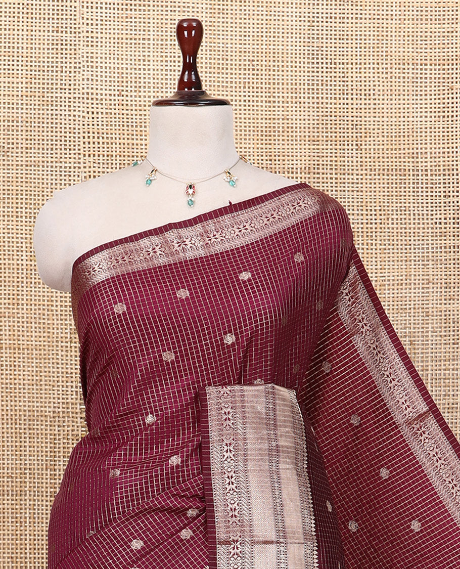 Purple Semi-Tussar Saree, Enriched with Zari Buttas and Checks, a Traditional Zari Border, and a Matching Blouse