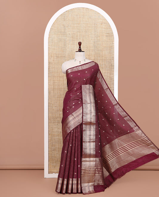 Purple Semi-Tussar Saree, Enriched with Zari Buttas and Checks, a Traditional Zari Border, and a Matching Blouse