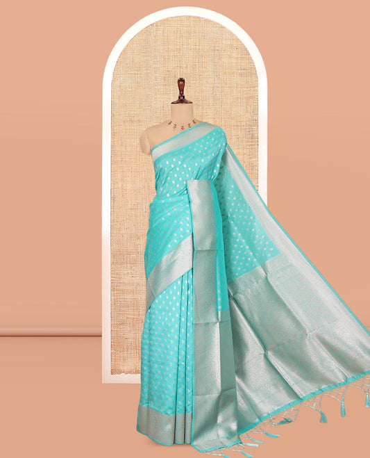 Sea Green Elite Soft Silk Saree, Elevated with Rudraksham Zari Buttas, Traditional Zari Border, Rich Pallu, and a Matching Blouse