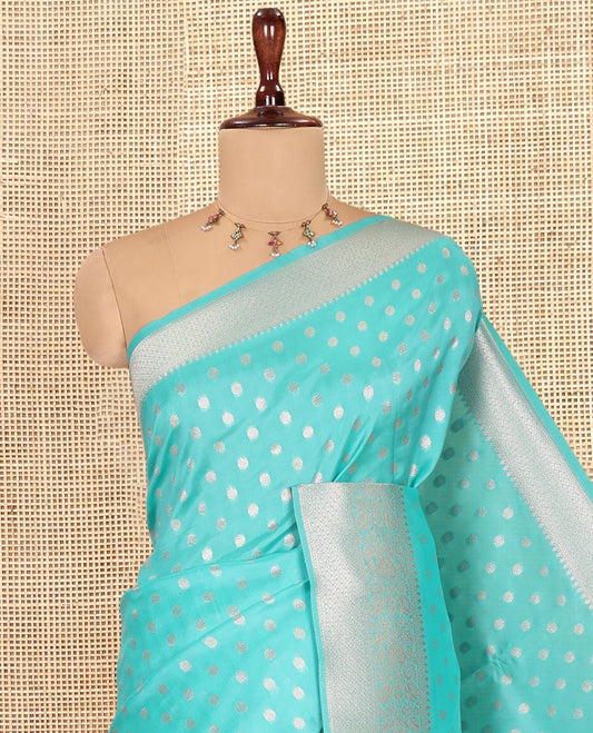 Sea Green Elite Soft Silk Saree, Elevated with Rudraksham Zari Buttas, Traditional Zari Border, Rich Pallu, and a Matching Blouse