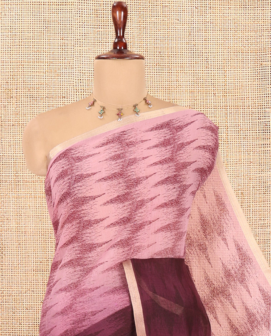 Wine Linen Cotton Saree, Embellished with Ikat Zig-Zag Stripes, a Piping Border, Printed Pallu, and Matching Blouse