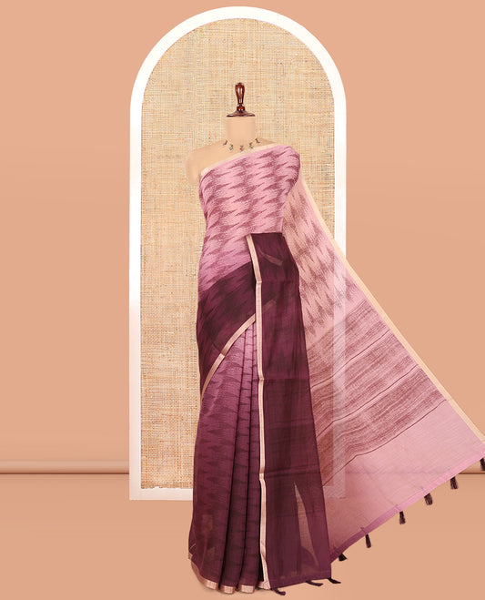 Wine Linen Cotton Saree, Embellished with Ikat Zig-Zag Stripes, a Piping Border, Printed Pallu, and Matching Blouse