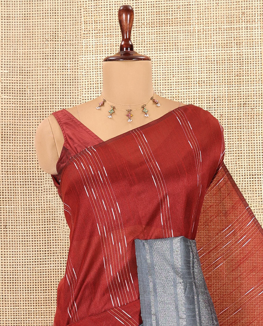 Maroon Semi-Raw Silk Saree, Subtly Woven with Thread Stripes, a Contrast Traditional Zari Border, Contrast Pallu, and a Contrast Blouse