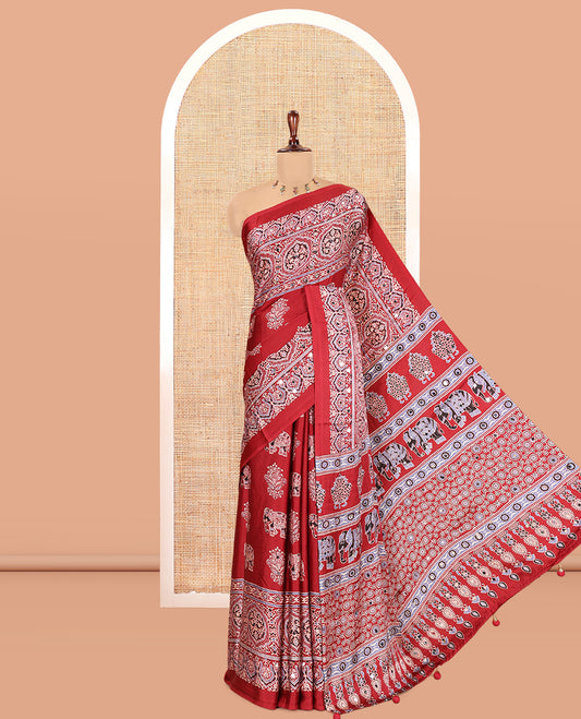 Maroon Satin Crepe Saree, Adorned with Ajrakh and Elephant Print, Intricately Printed Border, a Matching Blouse