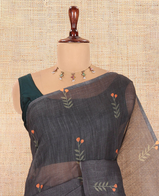 Borderless Black-Orange Linen Cotton Saree