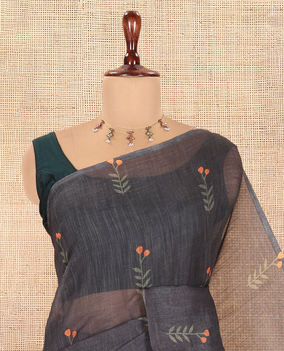 Borderless Black-Orange Linen Cotton Saree