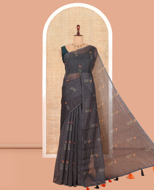 Borderless Black-Orange Linen Cotton Saree