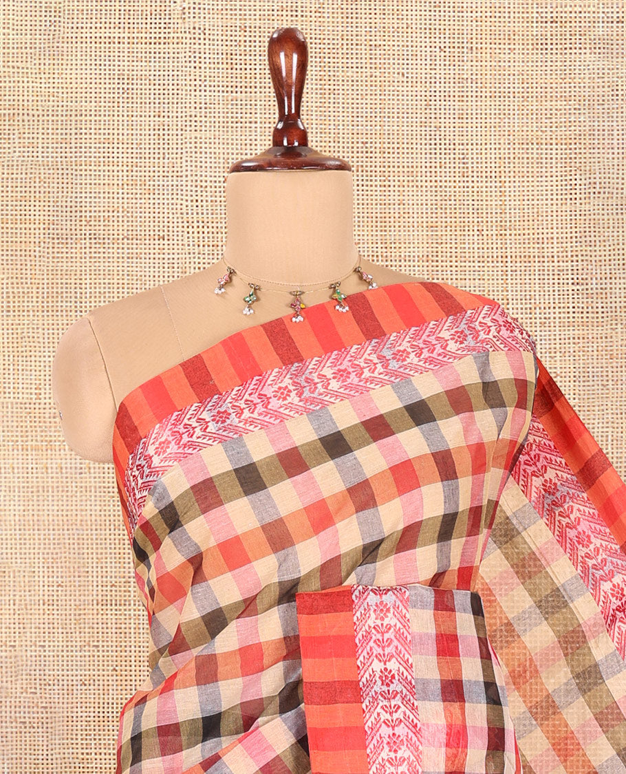 Red-Chikku Bengal Cotton Saree