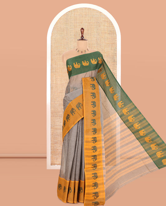 Grey-Mustard Plain Bengal Cotton Saree