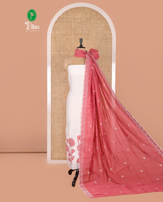 Cream and Red Mul Chanderi Material Chudidar Set, Artfully Detailed with Floral Embroidery On Its Top, A Plain Santoon Bottom, and Comes with a Contrast Scallop Floral Embroidered Dupatta