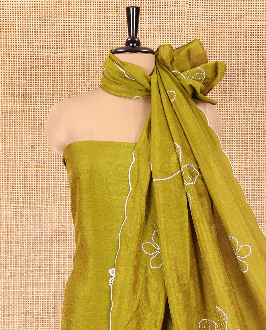 Mehendi Green Material Chudidar Set, Delicately Woven with Floral Thread Embroidered Mul Chanderi Top, a Mul Chanderi Bottom, Paired with Floral Thread-Embroidered Mul Chanderi Dupatta