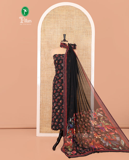 Black Italian Crepe Material Chudidar Set, Features Floral Motifs Top, a Plain Bottom, and Paired with a Kaleidoscopic-Colored, Floral-Printed Georgette Dupatta