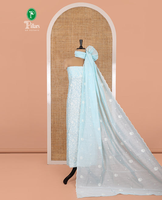 Sea Blue Mul Chanderi Material Chudidar, Lucknowi-Style Embroidery Top, a Santoon Bottom, Scallop Embroidered Dupatta