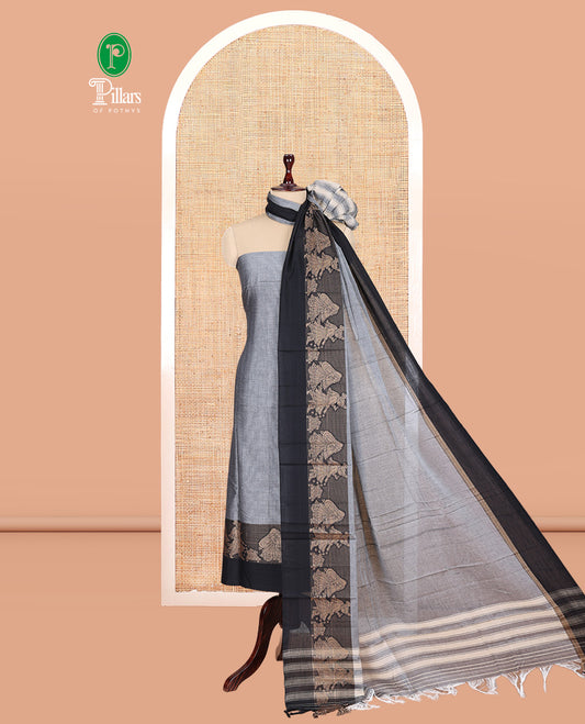Grey Mercerised Cotton Material Churidar Features Plain Top, Contrast Thread Wedding-Themed Motif Border, Matching Bottom and Dupatta