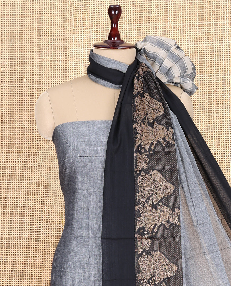 Grey Mercerised Cotton Material Churidar Features Plain Top, Contrast Thread Wedding-Themed Motif Border, Matching Bottom and Dupatta