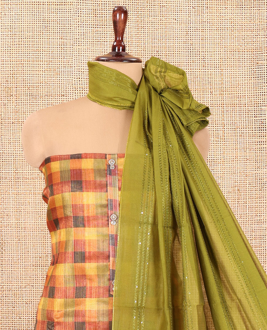 Multi-Color Shimmer Tissue Material Churidar, Enriched with Madras Checks Neckwork Top, a Contrast Bottom, Sequins Striped Dupatta