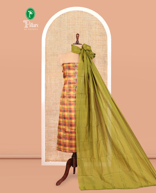 Multi-Color Shimmer Tissue Material Churidar, Enriched with Madras Checks Neckwork Top, a Contrast Bottom, Sequins Striped Dupatta