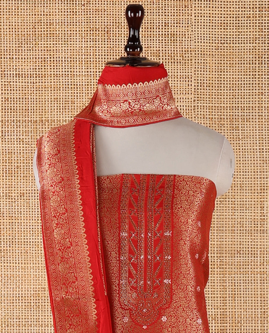 Red banarasi chudidar material set, floral zari jacquard design with swarovski stone work top, floral jacquard & swarovski stone work banarasi dupatta & santoon plain bottom