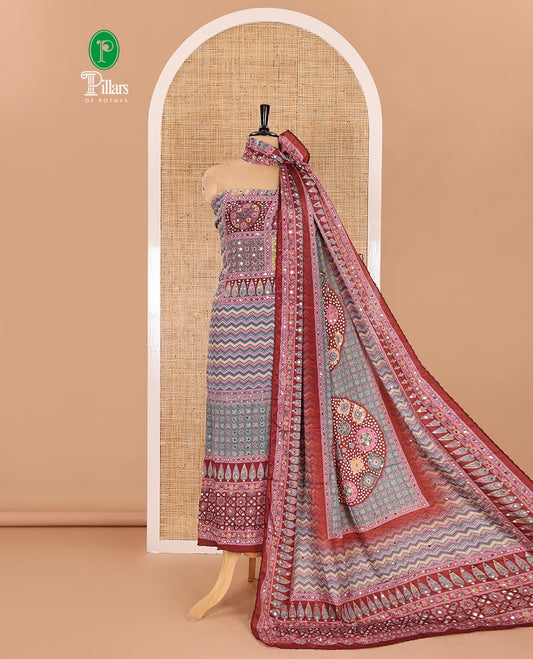 Multi-color material chudidar set, geometric and ajrakh printed with mirror work crepe top, plain maroon bottom, and intricately printed and miror work chinon dupatta