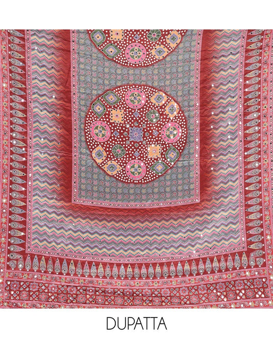 Multi-color material chudidar set, geometric and ajrakh printed with mirror work crepe top, plain maroon bottom, and intricately printed and miror work chinon dupatta