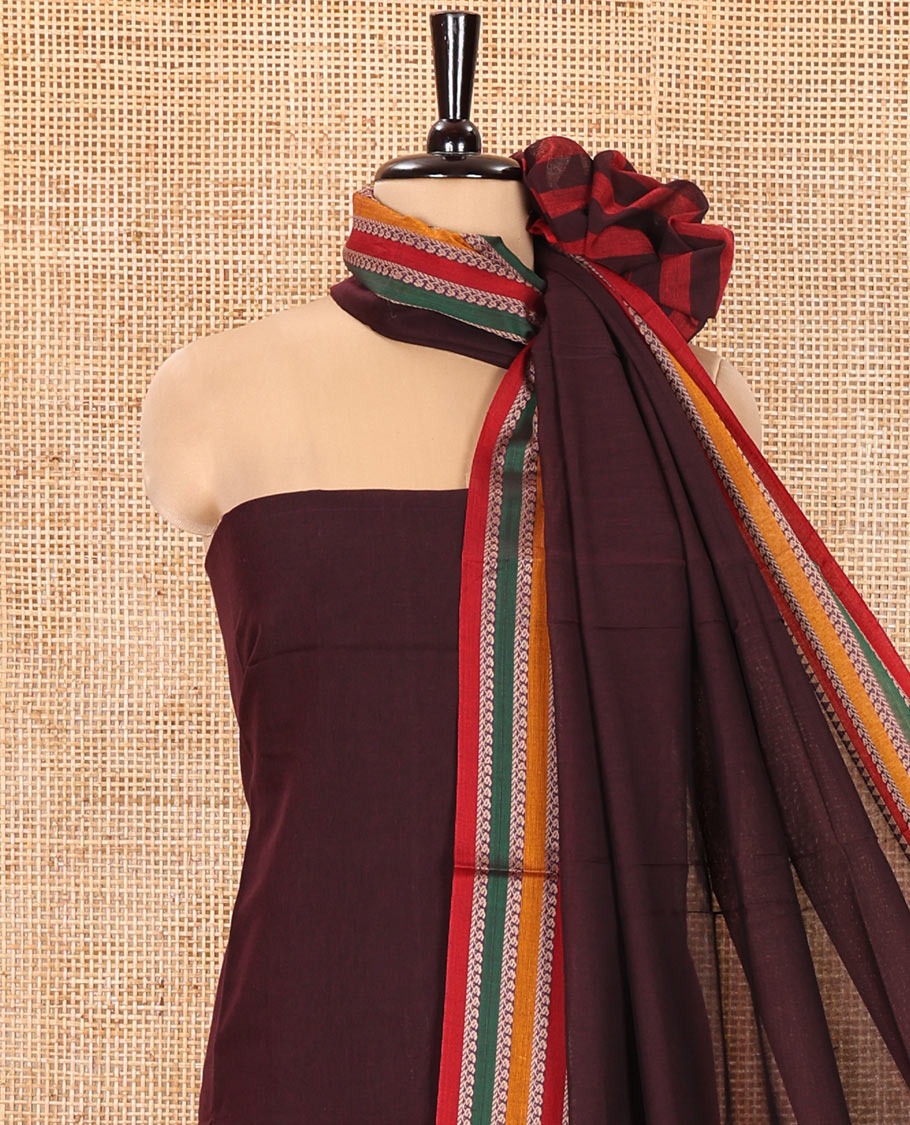 Wine Mercerised Cotton Material Churidar Set, Featuring Plain and Traditional Motifs Woven Top, Comes with a Plain Mercerised Cotton Bottom, and Is Paired with a Mercerised Cotton Traditional Motifs Woven Dupatta