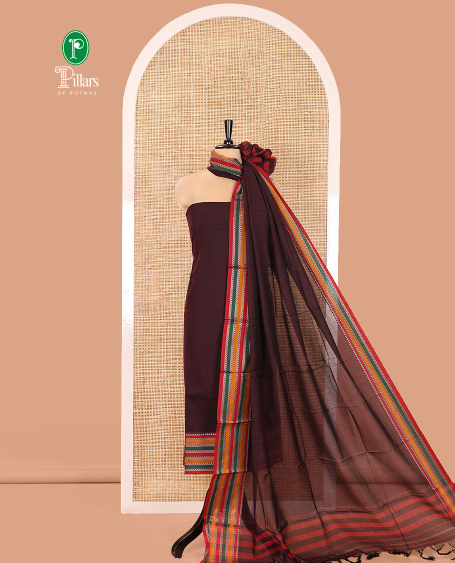 Wine Mercerised Cotton Material Churidar Set, Featuring Plain and Traditional Motifs Woven Top, Comes with a Plain Mercerised Cotton Bottom, and Is Paired with a Mercerised Cotton Traditional Motifs Woven Dupatta