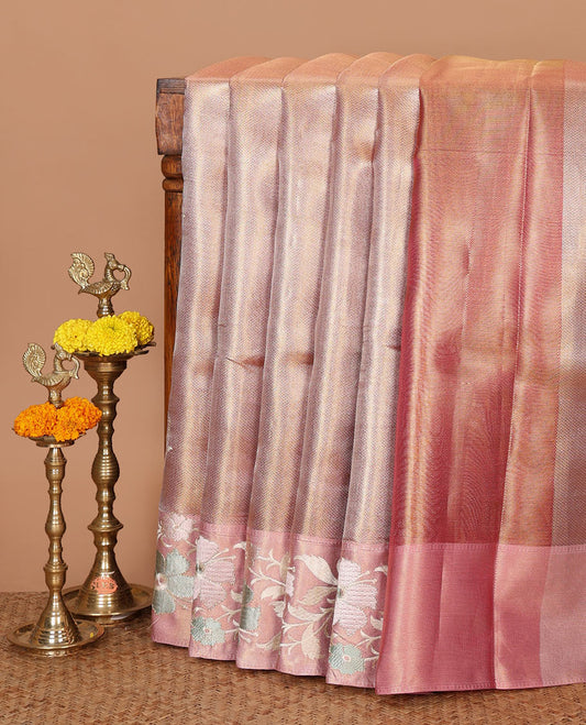 Pink floral embroidery celebrity tissue saree, contrast pastel multi-color floral creeper embroidery border & contrast blouse