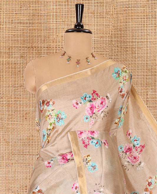 Biscuit colorful rose floral motifs digital printed banana pith saree, piping border, striped pallu, and floral printed blouse
