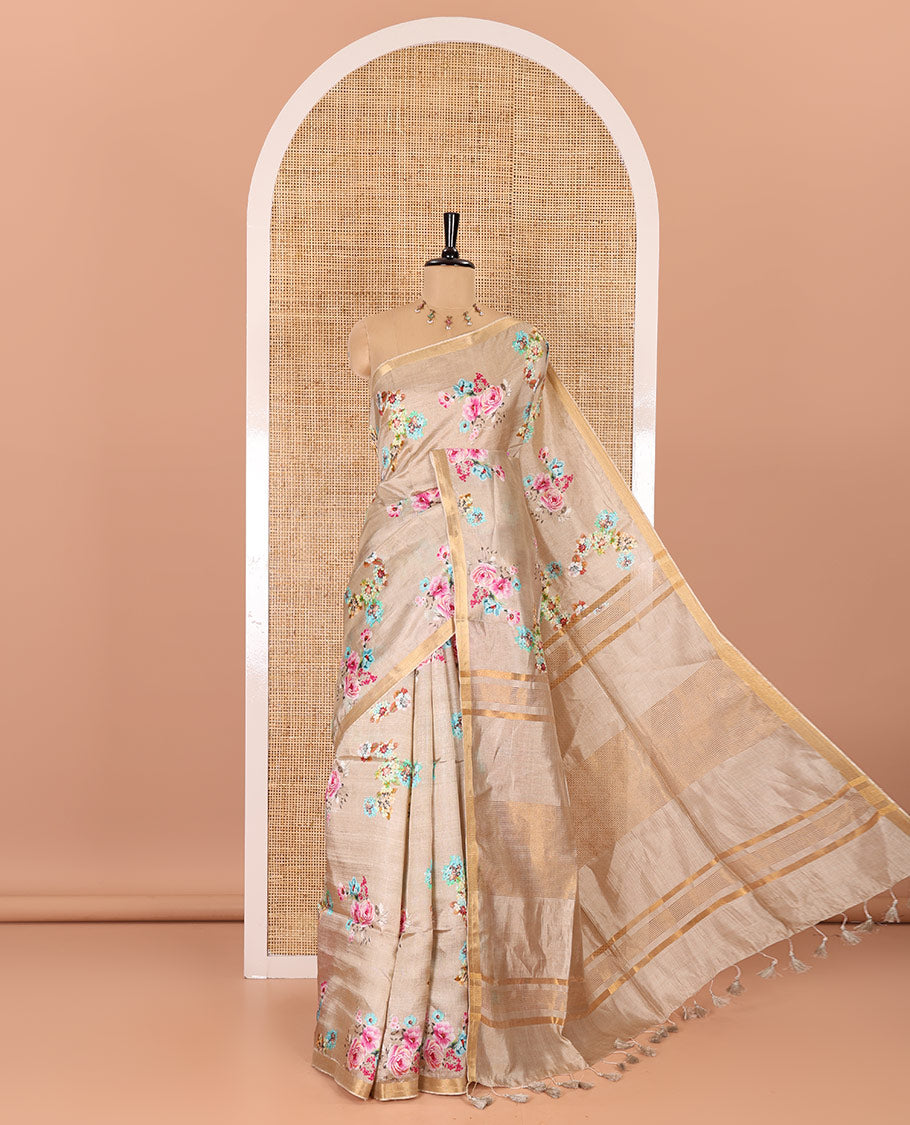 Biscuit colorful rose floral motifs digital printed banana pith saree, piping border, striped pallu, and floral printed blouse
