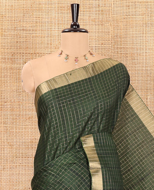 Green zari checked design fancy tussar silk saree, bavanji border, zari design pallu, and a matching blouse