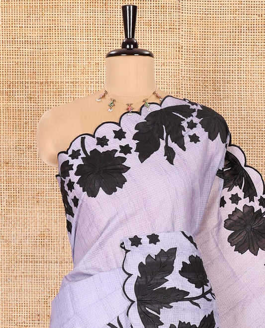 Lavender Plain Fancy Kota Silk Saree Mesmerized with Floral Applique Embroidered Scallop Border, Applique Embroidered Pallu, and a Matching Blouse