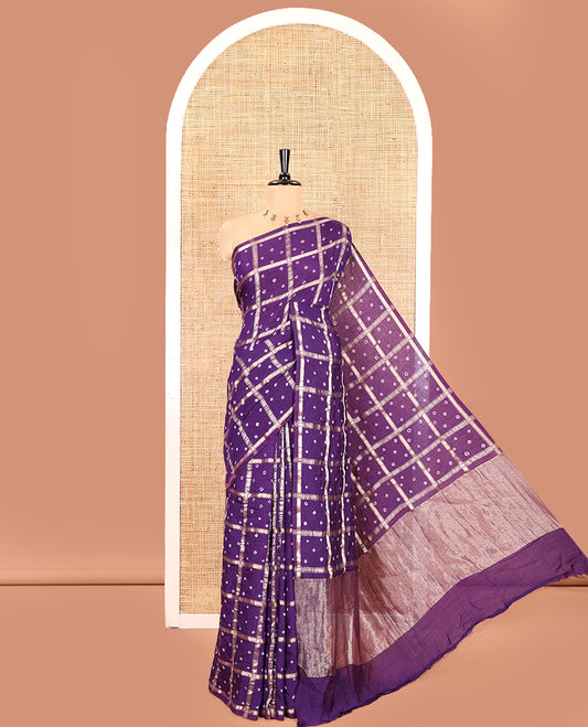Borderless Purple Assam Silk Saree, Richly Detailed with Bandhani-Dotted Ghar Chola Design on Its Body, Gleaming Zari Pallu, and Paired with a Matching Blouse