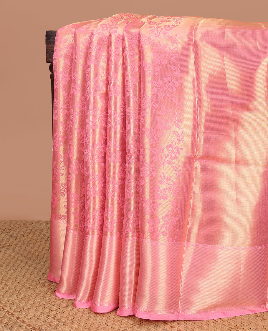 Pink floral design tissue saree with zari border & rich pallu along with contrast blouse