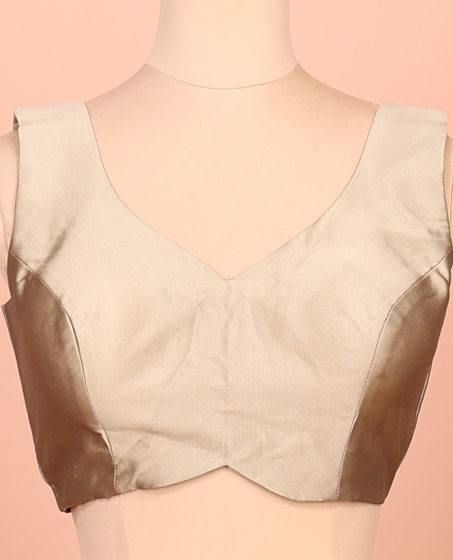Champagne Gold Plain Readymade Blouse Featuring a Front V-Neck, Back Deep V-Neck, and Sleeveless