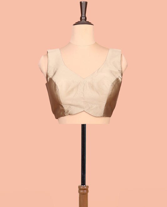 Champagne Gold Plain Readymade Blouse Featuring a Front V-Neck, Back Deep V-Neck, and Sleeveless