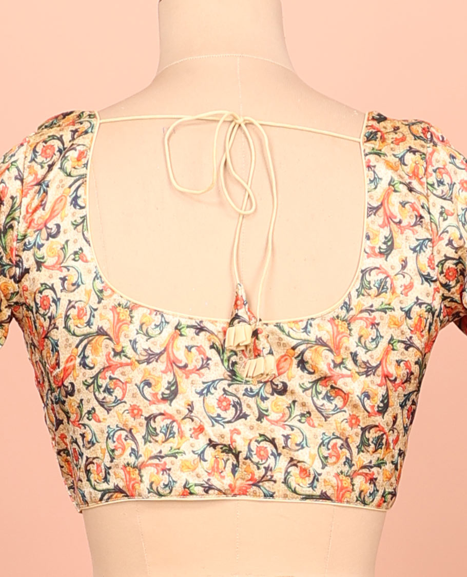 Sandal floral vine printed front-back round-neck elbow sleeve readymade blouse