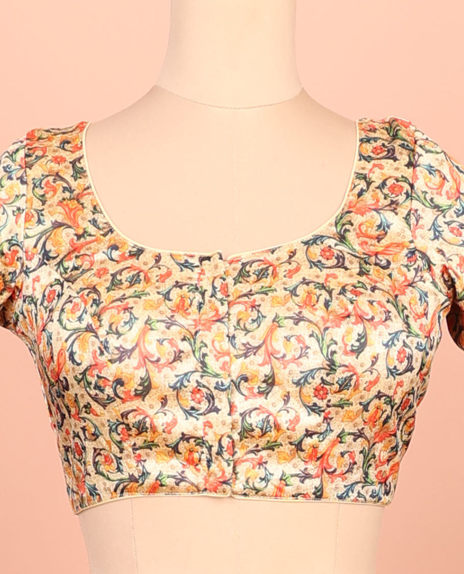 Sandal floral vine printed front-back round-neck elbow sleeve readymade blouse