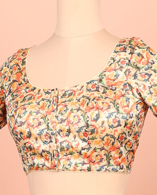 Sandal floral vine printed front-back round-neck elbow sleeve readymade blouse