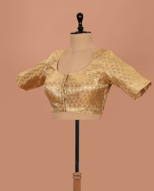 Gold intricate design front-back round neck elbow-sleeve readymade blouse